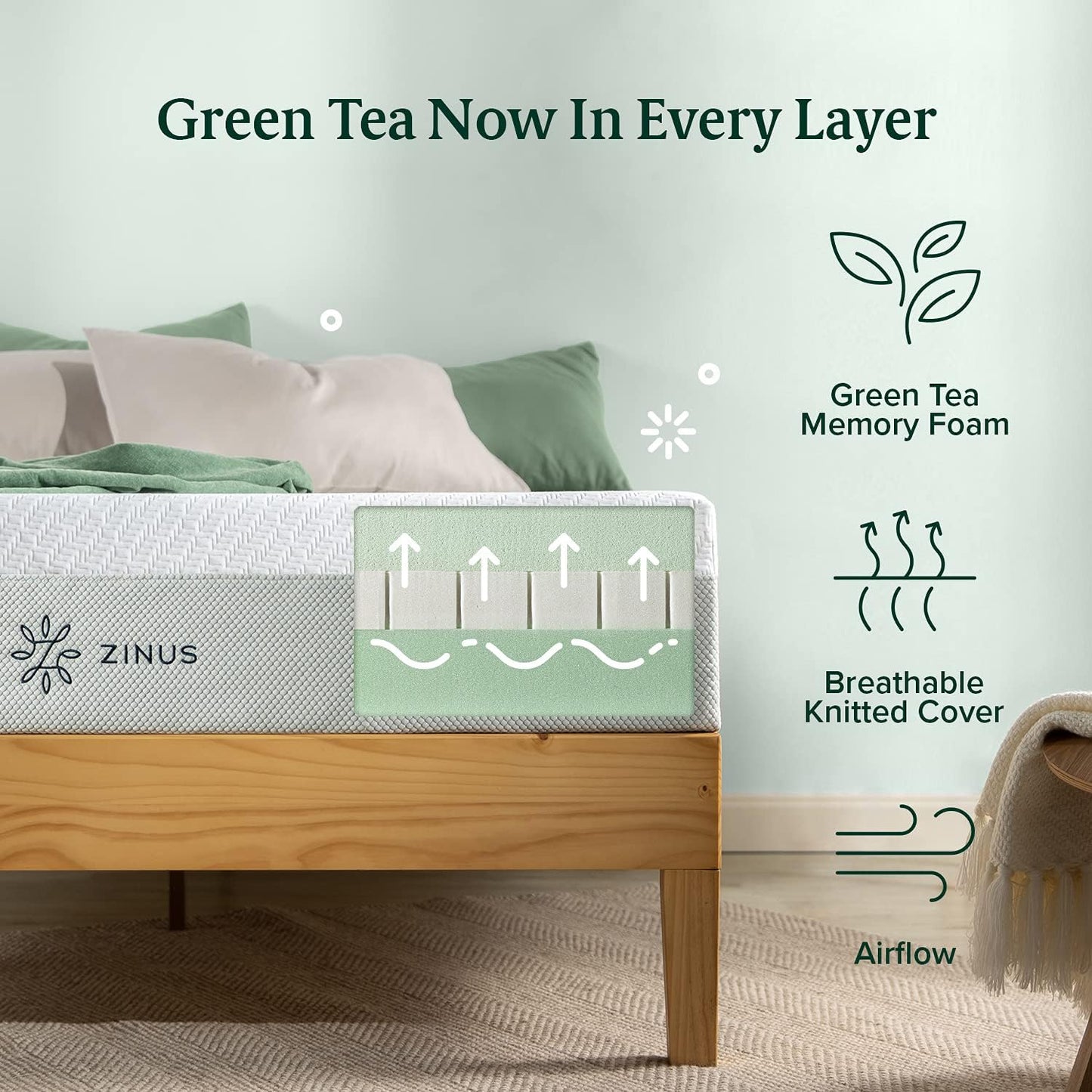 ZINUS 8 Inch Green Tea Luxe Memory Foam Mattress, Queen, Pressure Relieving, CertiPUR-US Certified, Mattress in A Box, All-New, Made in USA