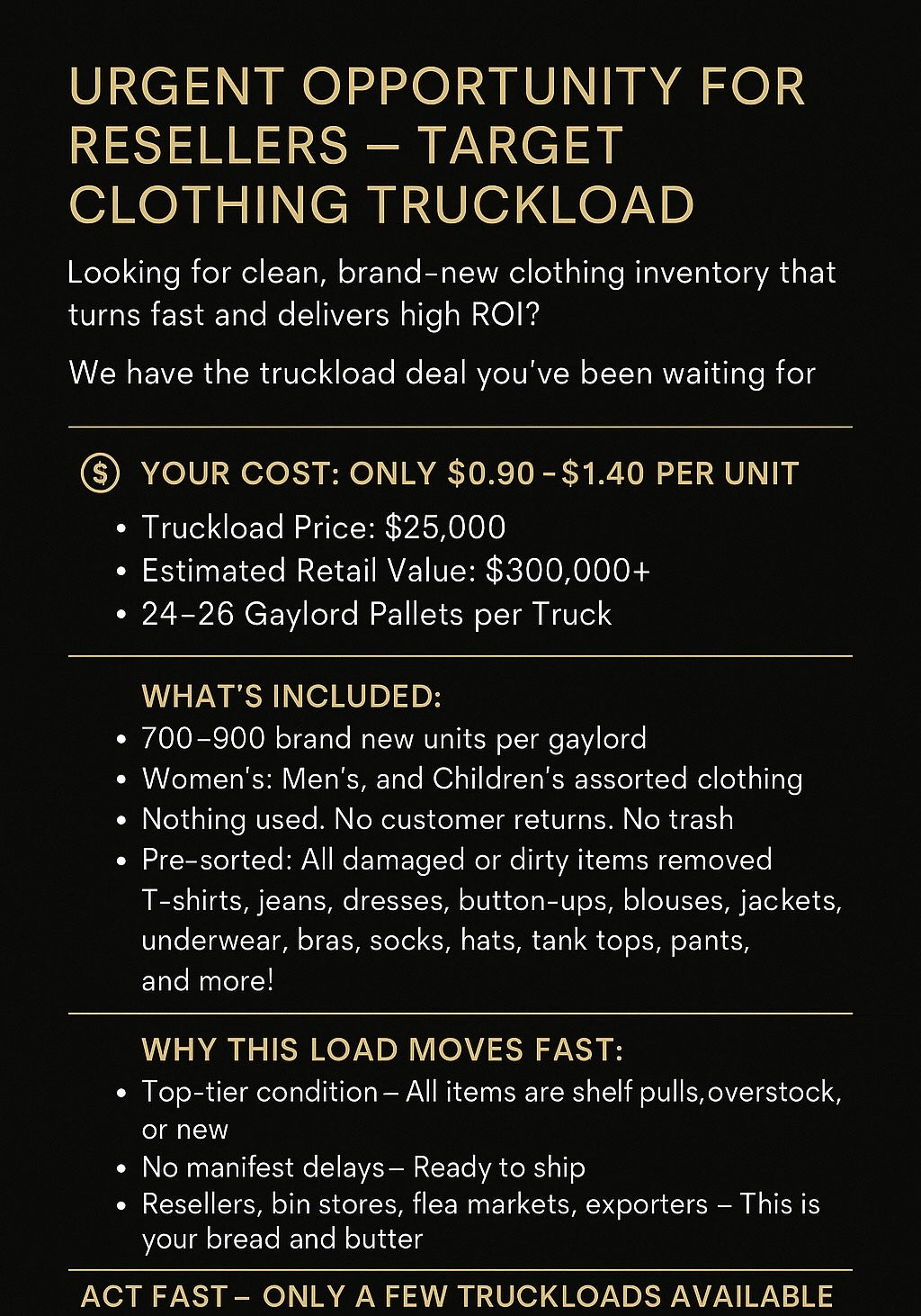 TARGET CLOTHING TRUCKLOAD DEAL – DIRECT FROM U.S. DISTRIBUTORS